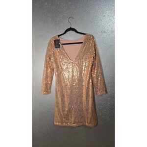 Vijiv Rose Gold Sequin Deep V-Back Long Sleeve Mini Performance Dress Large NWT
